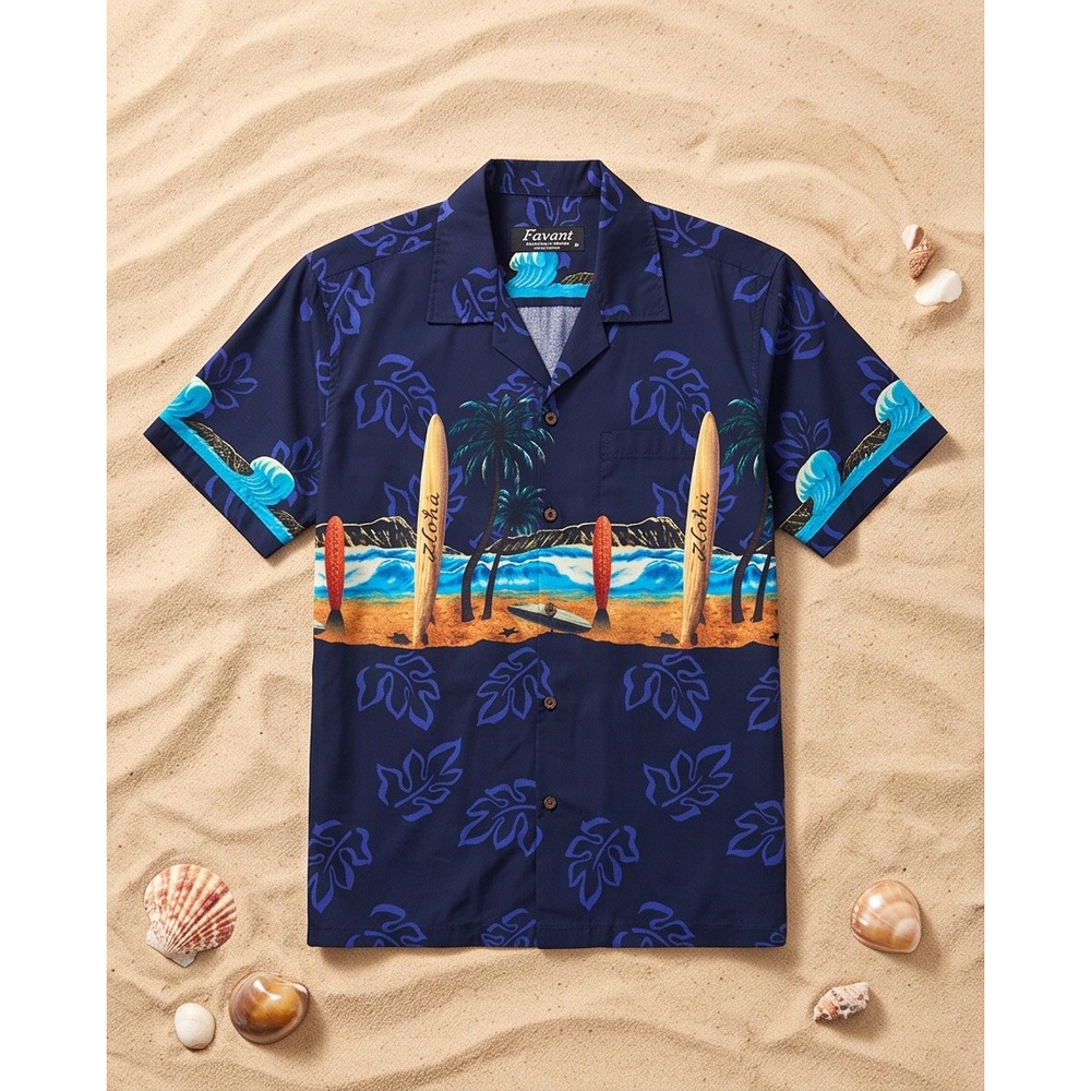 Favant Mens M Aloha Hawaiian Shirt Navy Blue Surfboard Beach Scene Cotton Medium
